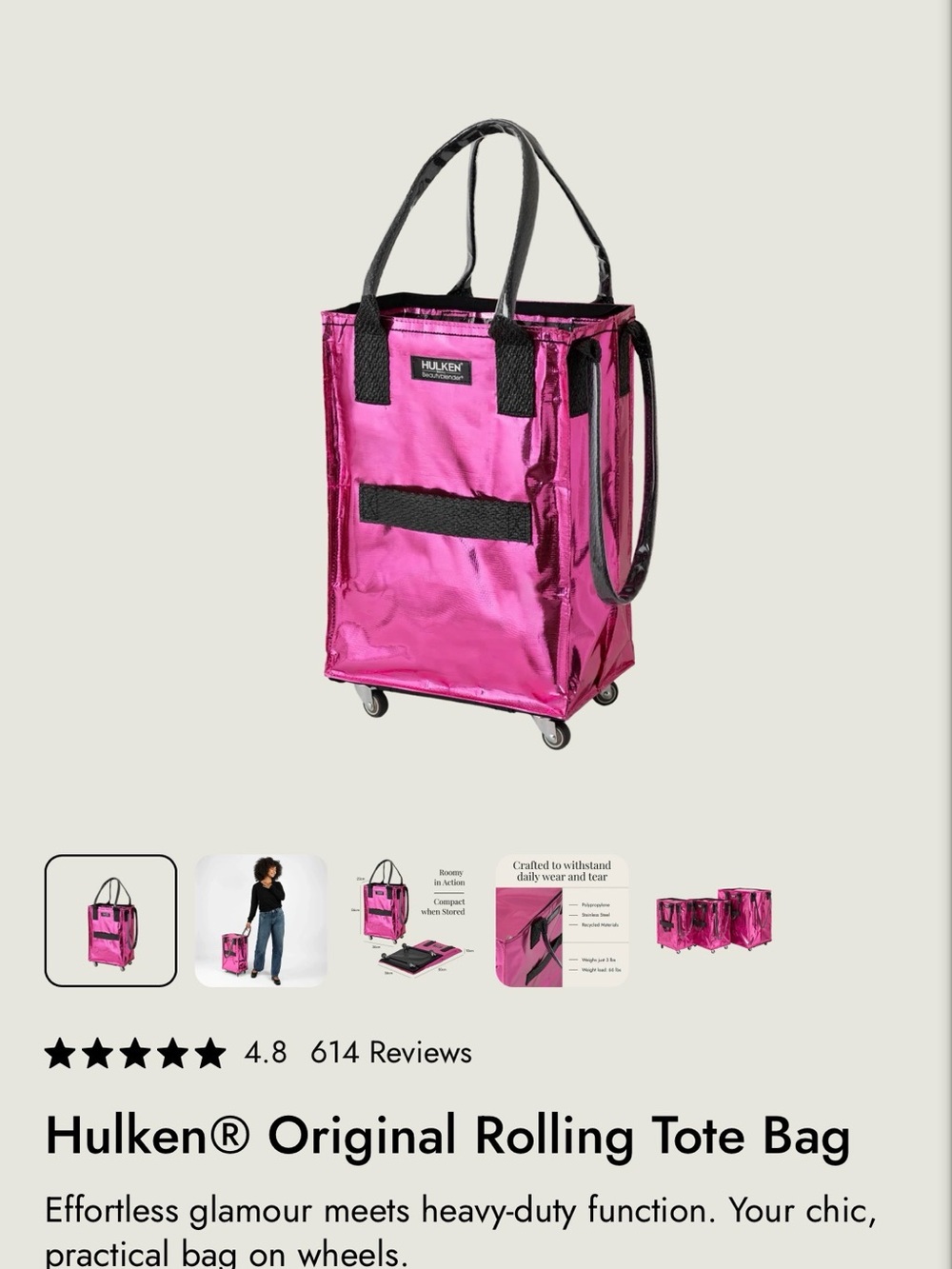 Hulken Rolling Tote Bag — Pink Metallic